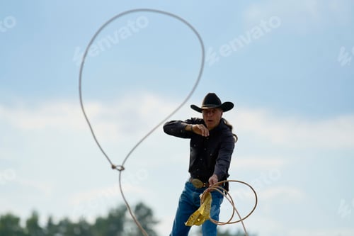 Preview: Cowboy demonstrating lasso skills under a blue sky