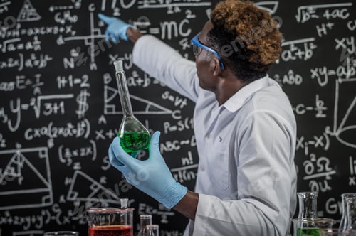 Preview: Scientists wear glasses holding green chemicals and point to the formula on the blackboard.