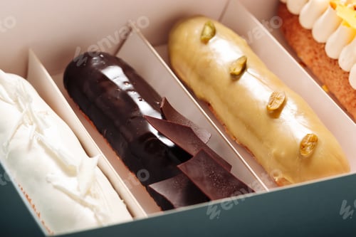 Preview: Set of eclair cakes with different fillings in a box close-up