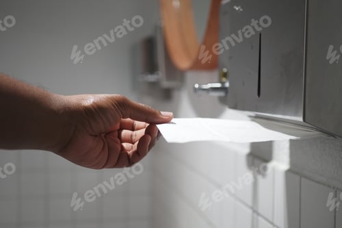 Preview: Hand Using Paper Towel Dispenser in a Hygienic Public Restroom with Clean White Tiles