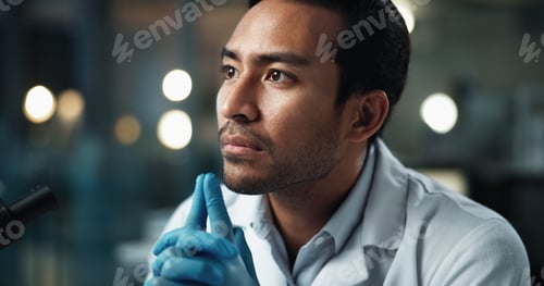 Preview: Scientist, man and thinking at night in laboratory for problem solving with medical research for va