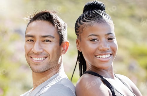 Preview: Fitness couple, smile and outdoor exercise out for a run and cardio training for happiness, health