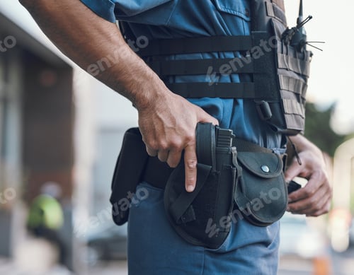 Preview: Security, police and hands of man with gun in city for shift, inspection and supervision on patrol.