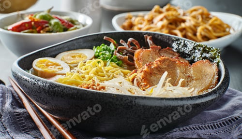 Preview: japanese tonkotsu ramen bowl on dinner table at restaurant
