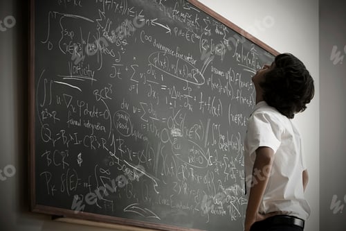 Preview: Young student pondering complex equations on a blackboard