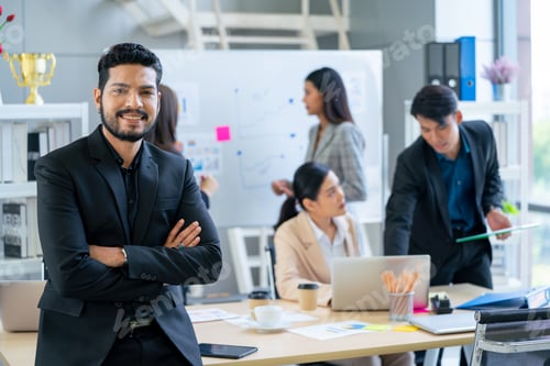 Preview: Portrait of Asian business man with beard stand with arm crossed also smiling look at camera