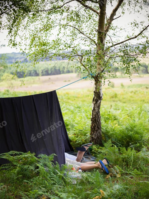 Preview: Two boys camping in the New Forest lying under a canvas shelter.