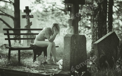 Preview: Naked woman sitting in the cemetery. My Fine Art Photography.