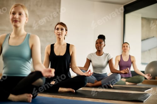 Preview: Group of female athletes practicing Yoga in lotus pose during exercise class at health club.