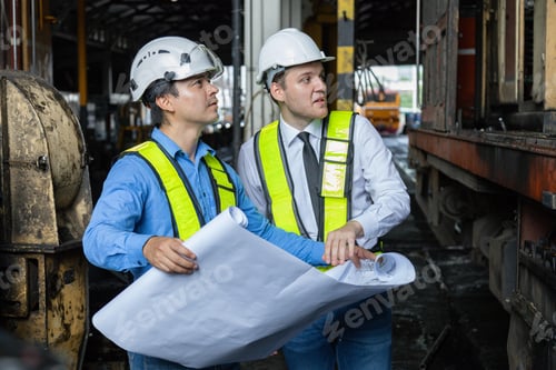 Preview: Chief engineer consults and analyzes train diesel engine problems Railway tracks in a train depot