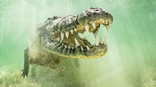 Preview: American saltwater crocodile with jaws open, Chinchorro Banks, Mexico