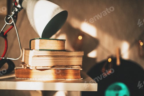 Preview: Retro vintage. Vinyl music record. French musician. Retro music. Cozy corner, lights and old books