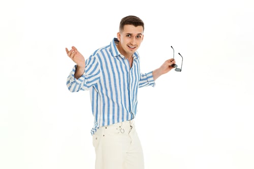 Preview: handsome young man in sunglasses and blue striped shirt