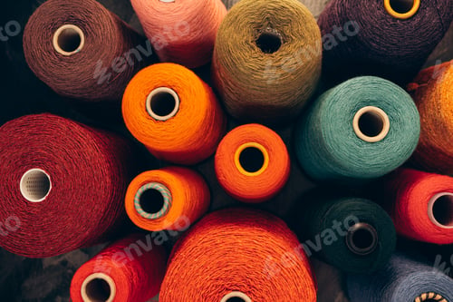 Preview: Composition of colorful vibrant wool threads from above.