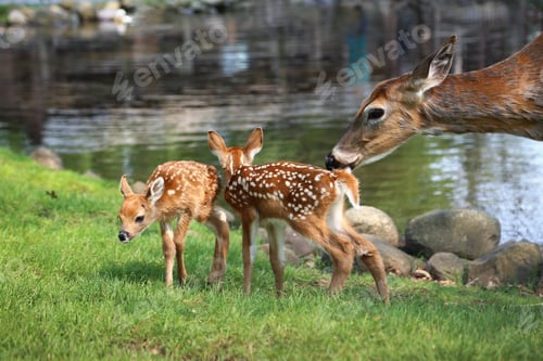 Preview: Twin fawns in the grass near a pond with doe leaning into the photo licking one of them.