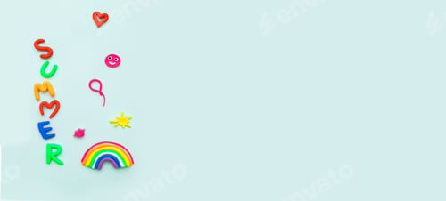 Preview: Banner volumetric figures colored plasticine text summer rainbow ball heart kiss sun blue background