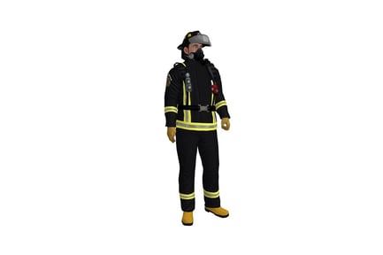Preview: Firefighter in black and yellow uniform with fire extinguisher
