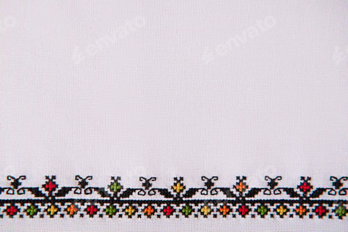 Preview: Texture of Cotton Fabric with Element of Handmade Embroidery by Cotton Threads. Design Pattern.