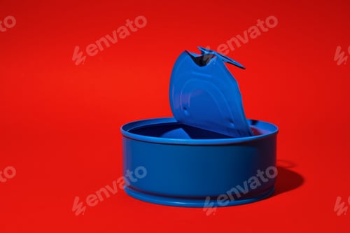 Preview: Blue tin can on dark red background