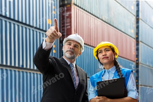 Preview: Businessman and Secretary work at Container cargo site check up goods in container.