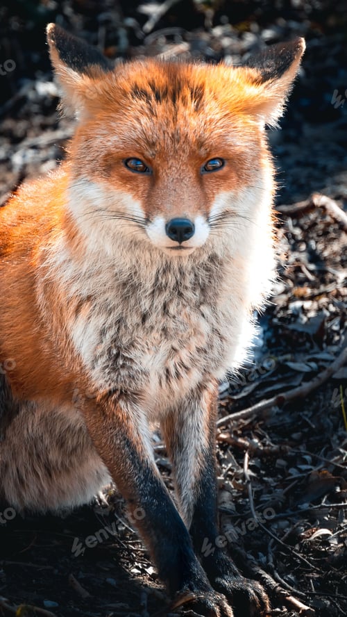 Preview: Vertical closeup of a furry fox looking at the camera