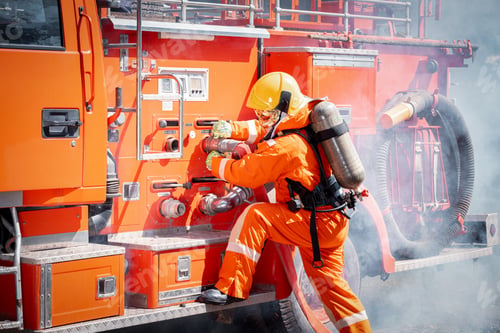 Preview: Firefighter man wearing protective fire suite and helmet with water car truck equipment and accessor