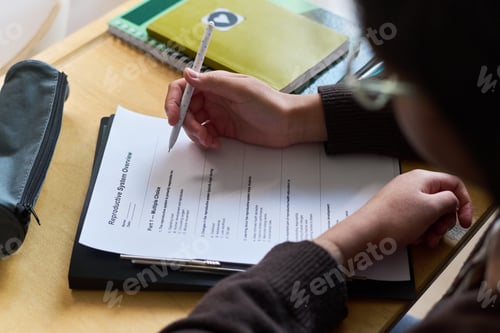 Preview: Teenager Studying Reproductive System Overview at Desk