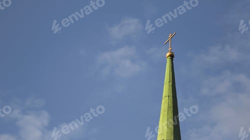 Preview: Details of the Church, religion concept. Stock footage. Bottom view of the Orthodox golden cross on