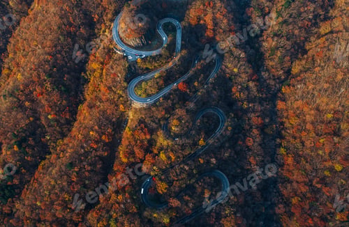 Preview: Beautiful curvy street on the Nikko mountain, Japan. Aerial view