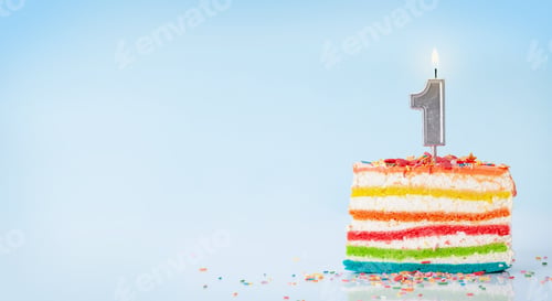 Preview: Birthday or holiday cake with burning candles on a blue