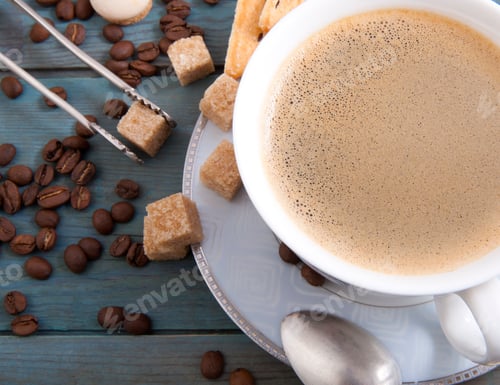 Preview: Cup of espresso on an old wooden boards.