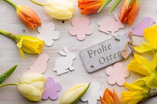 Preview: Easter and spring decoration, flowers and eggs.