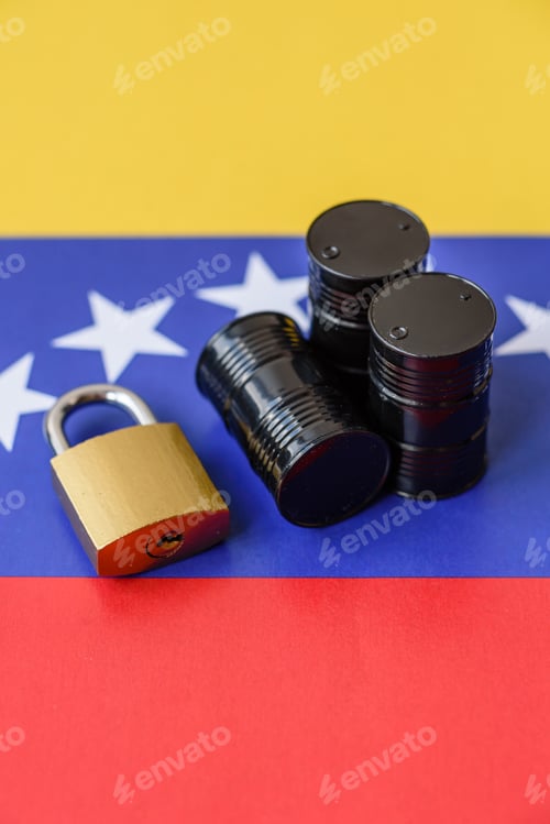 Preview: Barrels of oil, gas, or chemicals on the venezuelan flag and a ban sign. Barrels of venezuela oil