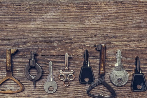 Preview: Old antique key and a set of vintage keys on a wooden background a flat top view, a concept of