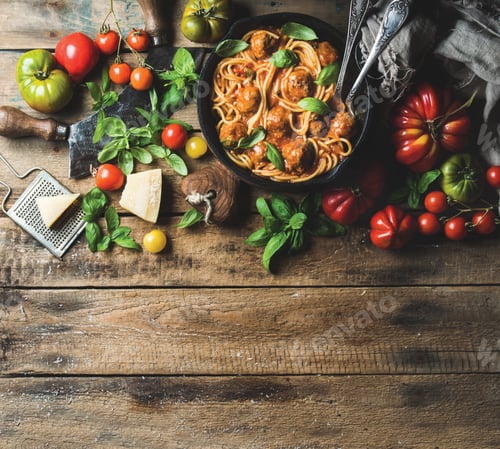 Preview: Italian pasta spaghetti with tomato sauce and meatballs