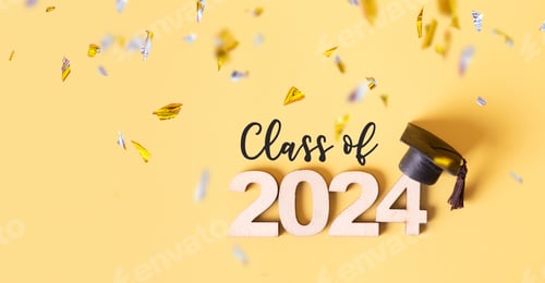 Visualização: Número 2024 com tampa graduada. Conceito de férias de formatura. Turma de 2024