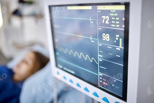 Preview: Healthcare, monitor and heart rate in the hospital with a patient in recovery or in preparation of