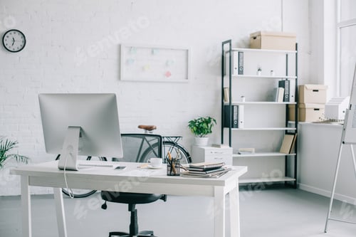 Preview: interior of light modern business office with table, computer and shelves