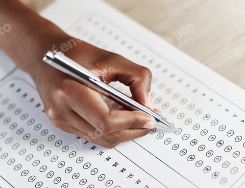 Preview: Selecting the best answer. Shot of a person filling in an answer sheet for a test.