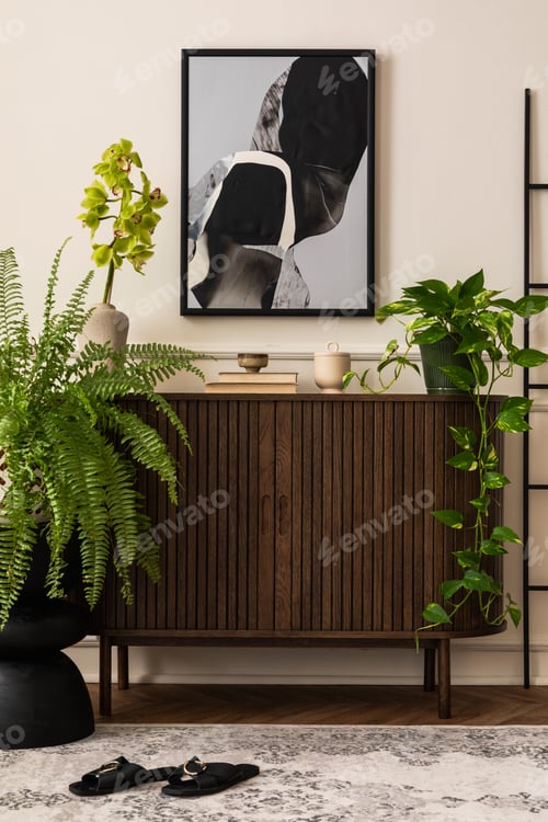 Preview: Warm and cozy composition of living room interior with personal accessories. Home decor. Template.
