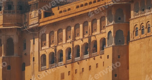 Preview: Jaipur, Rajasthan, India. Amber Fort. Close-up View On Gallery Windows Of Amer Fort Or Amber Fort