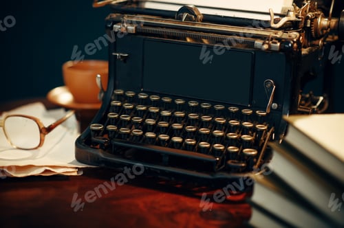 Preview: Vintage typewriter on wooden table in home office