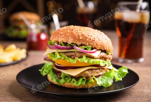 Preview: Plate with delicious hamburger on wooden table