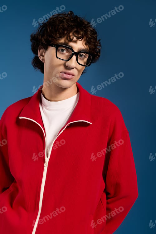 Preview: Young man in stylish red jacket poses confidently against a blue backdrop