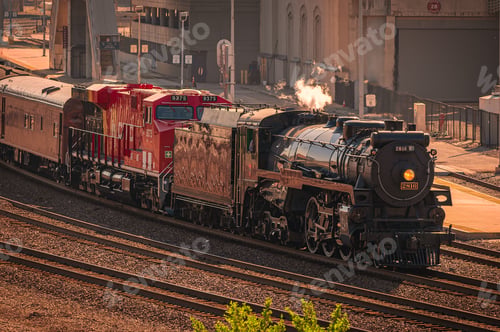 Preview: Train on track near buildings and trees, sunny day