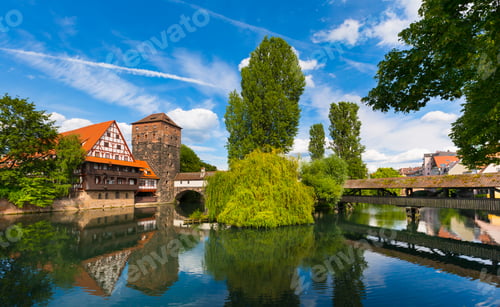 Preview: View of Henkersteg bridge and Pegnitz river, Nuremberg, Bavaria, Germany
