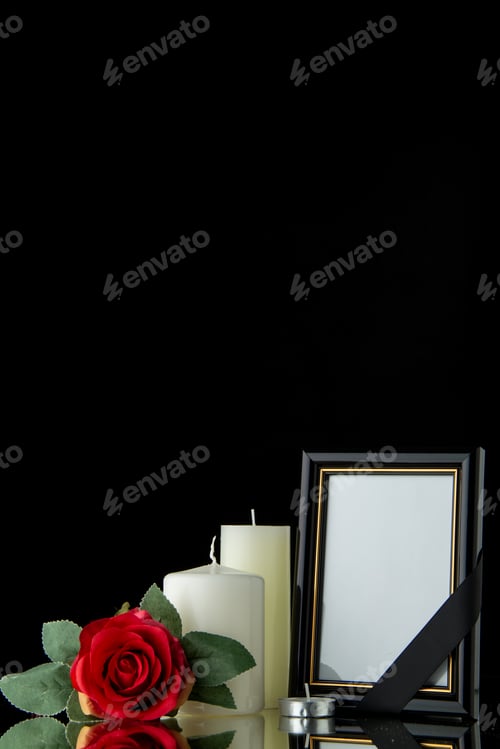 Preview: front view of white candles with picture frame on black background palestine funeral war