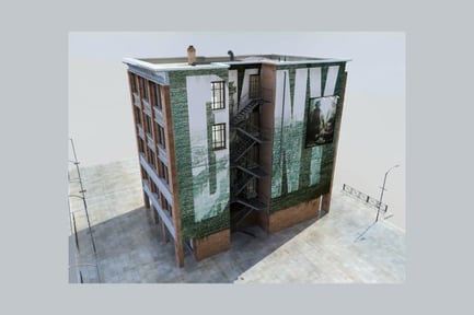 Preview: Multi-level brick building with striped facade and signage