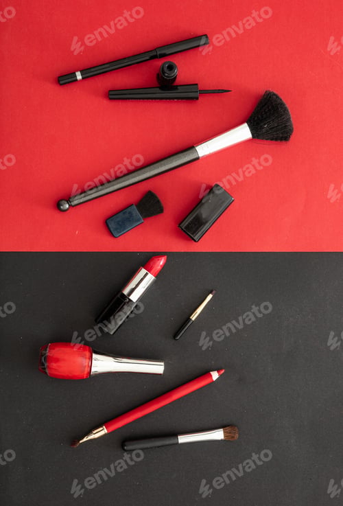 Preview: Make-up cosmetics accessories against red and black background
