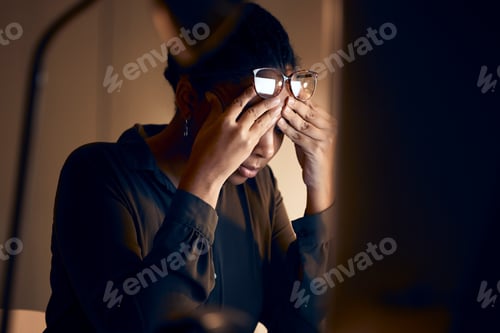 Preview: Stress, burnout and business black woman at night working on project, report and strategy deadline.